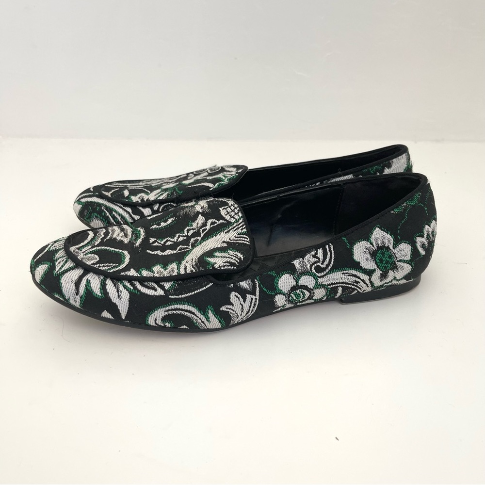 Zara Basic Floral Tapestry Black Green Embroidered Slip On Loafers Shoes Flats